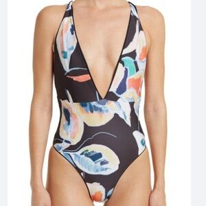 Maaji Womens jungle rainbow plunge v neck reversible tie back one piece swim M